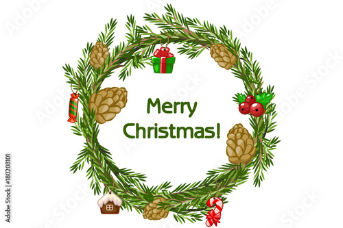 Cartoon vector Merry Christmas wreath, spruce with bigwigs and Christmas toys