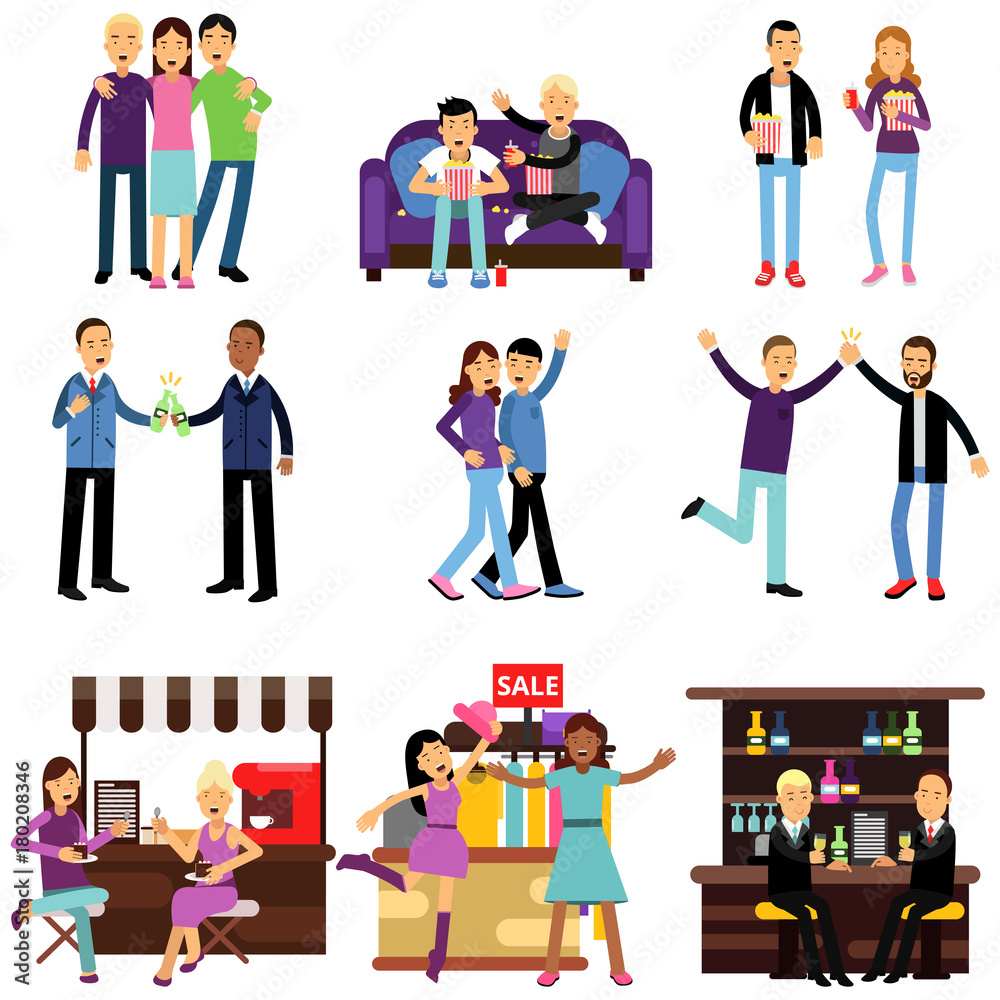 Groups of girls and boys best friends having good time together, flat characters set Groups of girls and boys best friends having good time together, flat characters set
