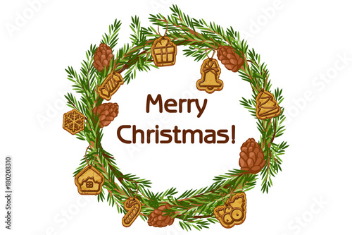 Cartoon vector Merry Christmas wreath, spruce with bigwigs and cookie photo