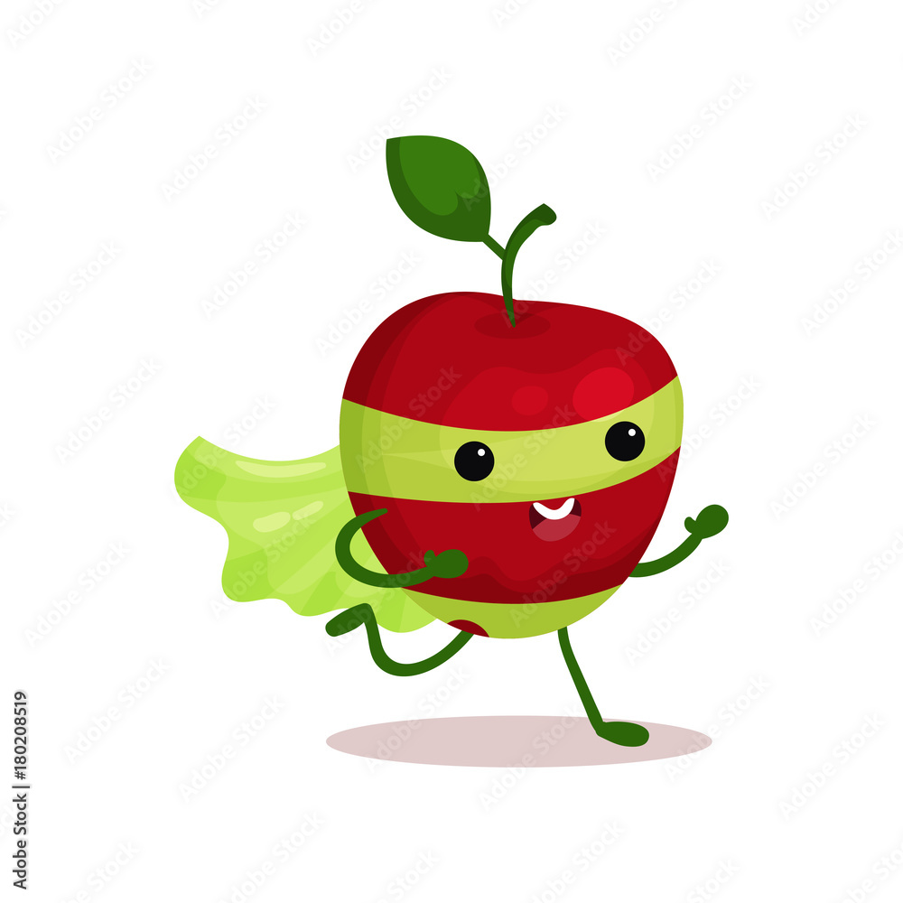 Cartoon character of funny superhero apple with cape and mask, running  forward Stock Vector | Adobe Stock