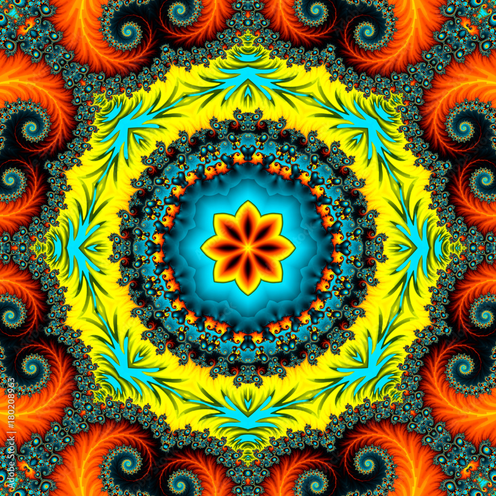 fractal illustration of a bright  spiral with floral patterns