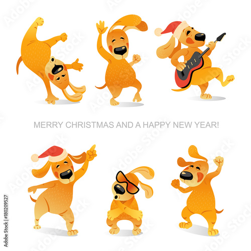 New Year's card with funny dogs dancing and playing guitar

