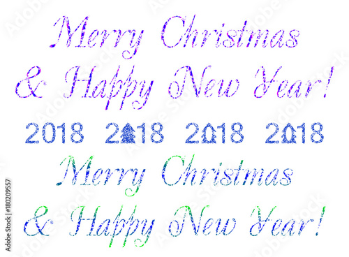 Decorative text Merry Christmas   Happy New Year on a blue and white background