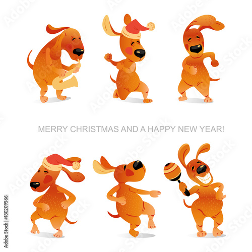 New Year's card with funny dogs dancing and playing saxophone
