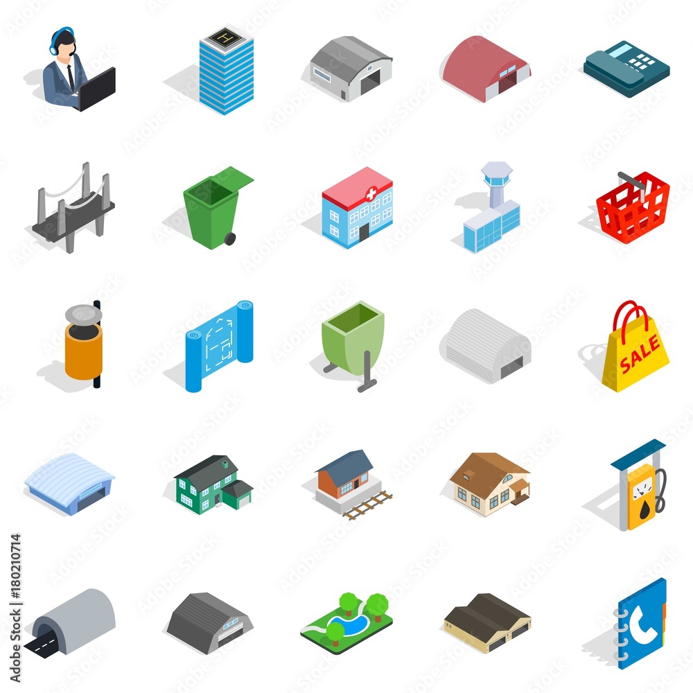 Hangar icons set, isometric style Hangar icons set, isometric style