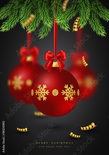 Christmas holiday background with fir branches, bauble and bow, serpentine. Template for postcard, booklet, leaflets, poster. Vector illustration.