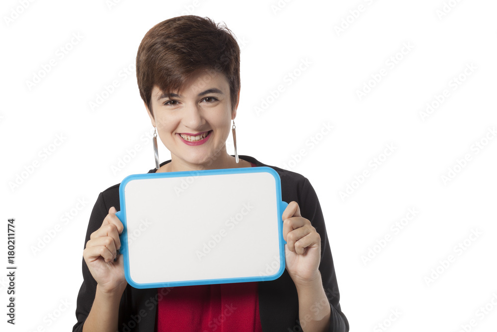 girl showing white billboard girl showing white billboard
