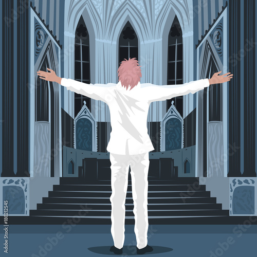 Believing man in white suit spread his arms out to the sides, standing inside Cathedral Church or Catholic Basilica. Simplified realistic hand draw comic art style