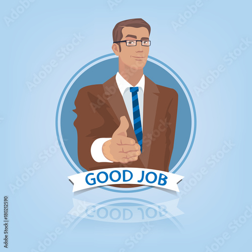 Young businessman or manager, stretches out his hand to say Hello. Front face view in round frame. Congratulation or introduction concept. Simplistic realistic style