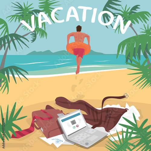 Young man running on beach to ocean to swim, leaving suit, laptop and briefcase in sand. Lettering Vacation. Freelance concept. Simplistic realistic comic art style