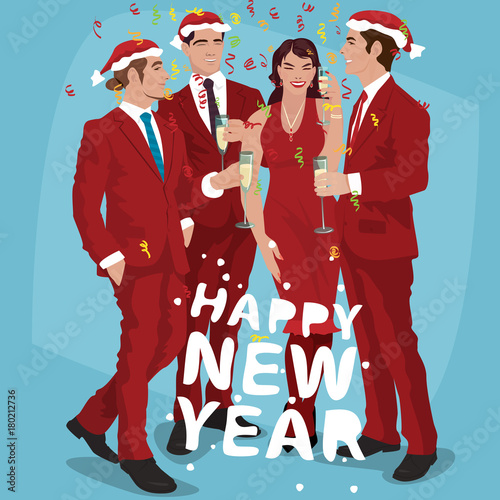Fashionable men in red suits and Santa hats and woman in red dress, celebrate New Year Eve. Office Christmas party concept. Simplified realistic comic art style