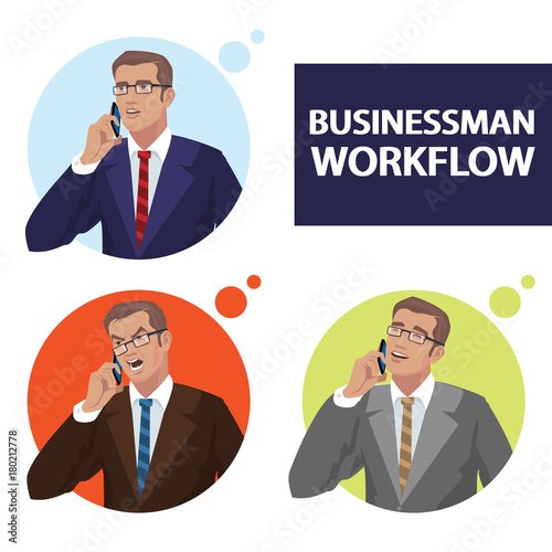 Set of businessmen talking on phone with different emotions, serious, angry, cheerful. Icons portraits of men in round frames. Simplistic realistic comic art style