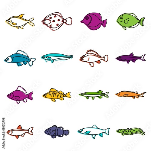 Cute fish icons doodle set