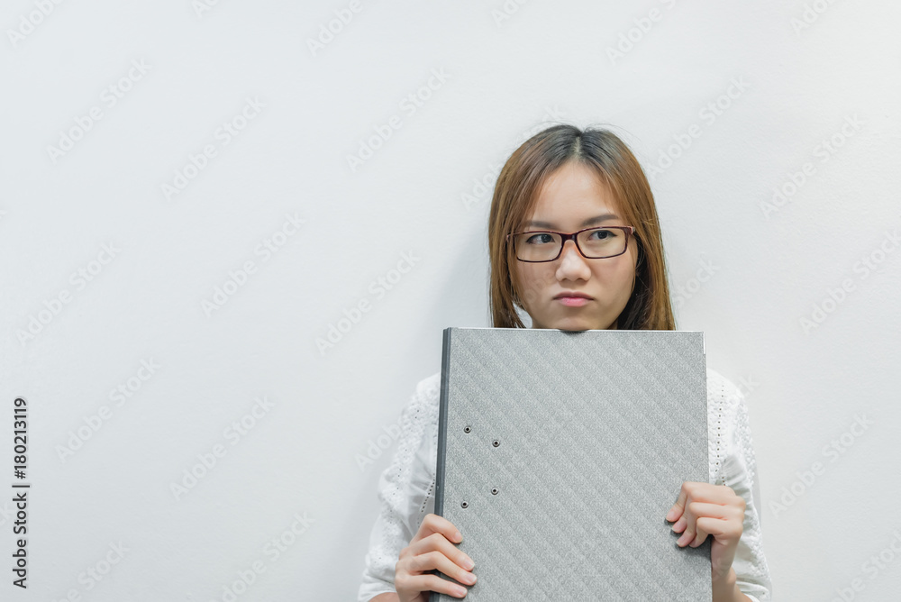 Asian girl wearing glasses with document file on white background,Thai business woman Asian girl wearing glasses with document file on white background,Thai business woman