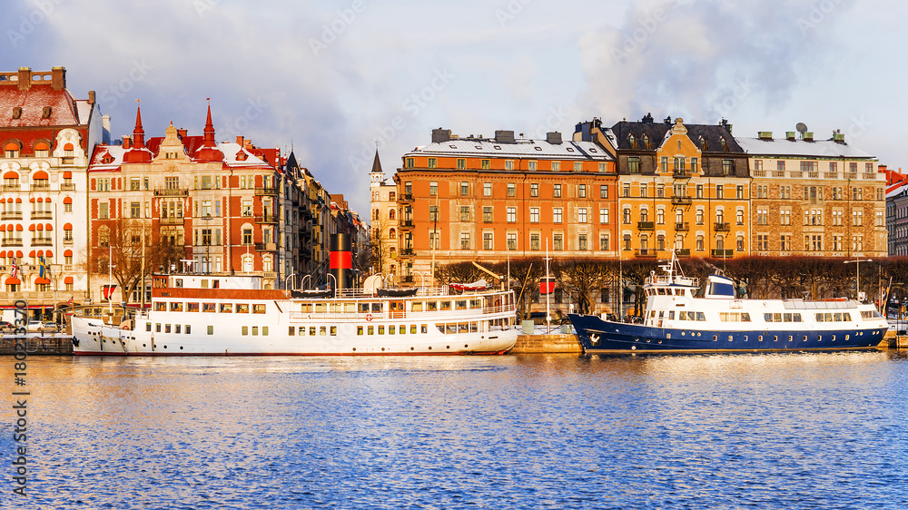 old ships on the winter embankment of Stockholm. Sweden