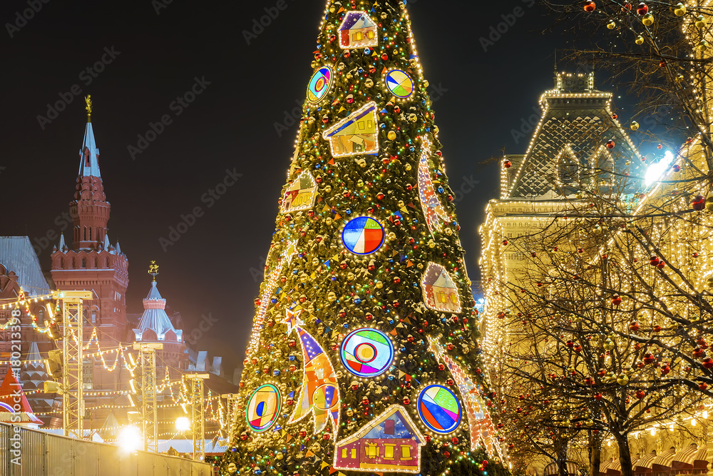 Christmas in Moscow. Festive Christmas tree on Red Square in Moscow