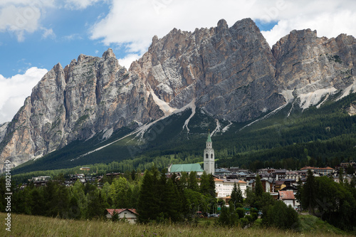 Mountain Ridge in Italian Dolomites Alps, Trees and Typical Hous