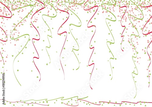 green and red curly ribbons and bright confetti