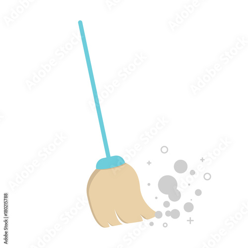 The Broom with long wooden handle sweeps the dust. Vector illustration isolated on white background. Tool for cleaning