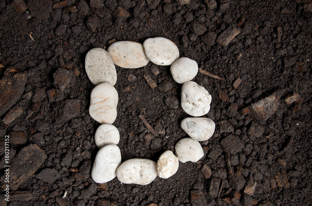 English alphabet (D - alphabet) from the white rock on the soil