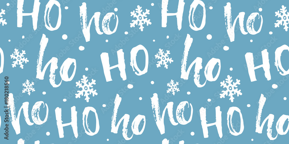 Hohoho seamless pattern for Christmas gifts wrapping, fabric and paper. Funny blue background with white text and snowflakes.