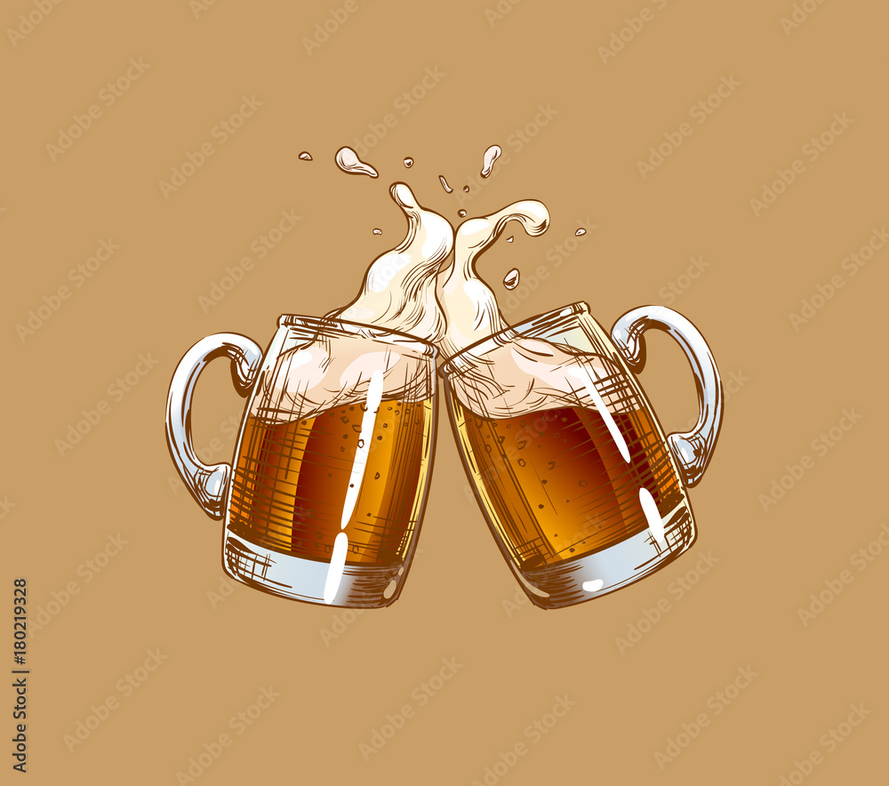 Two Mugs of Beer clink at a toast with a splash of beer foam