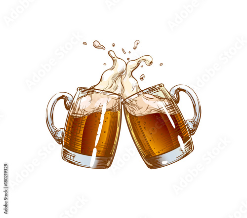 Two Mugs of Beer clink at a toast with a splash of beer foam. Illustration for design menu restaurants, pubs, bars, posters for the Oktoberfest, craft brewing, banners. Color isolated Vector sketch