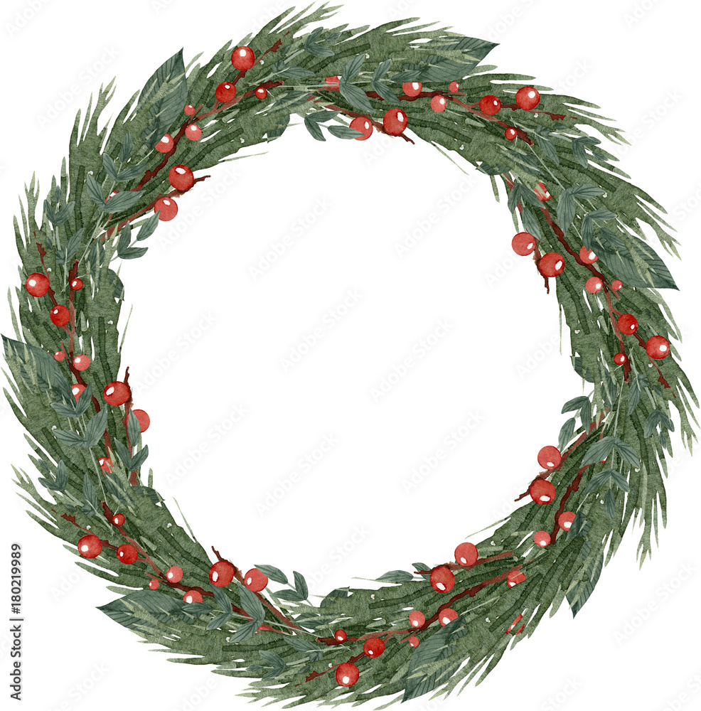 Watercolor hand painted Christmas wreath Watercolor hand painted Christmas wreath