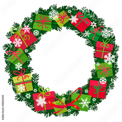 Christmas wreath with gift boxes and snowflakes