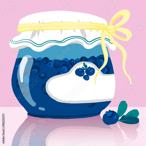 Blueberries jam glass pot.