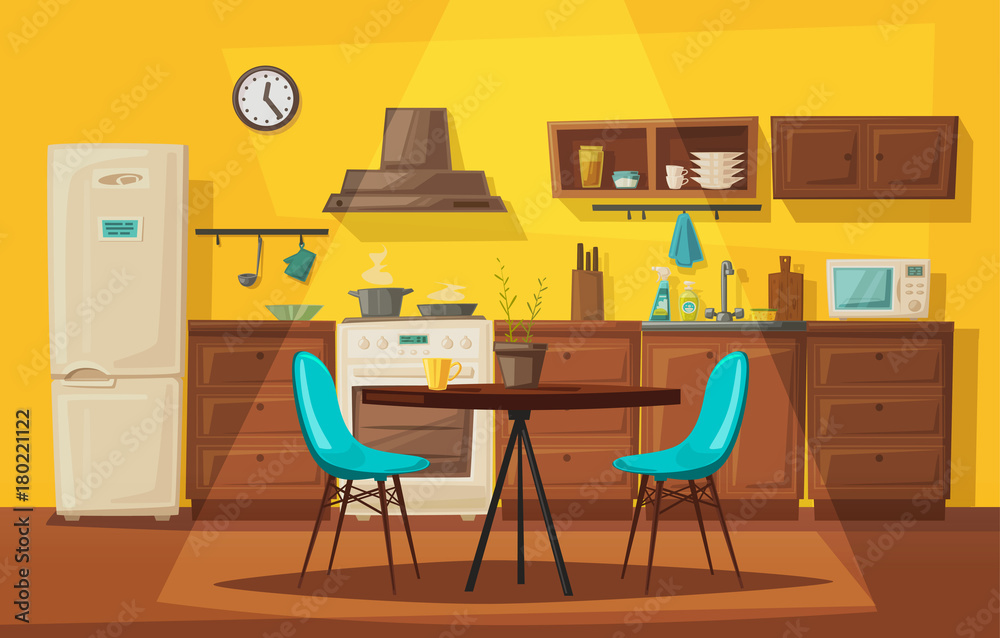 Kitchen interior with furniture. Cartoon vector illustration Kitchen interior with furniture. Cartoon vector illustration