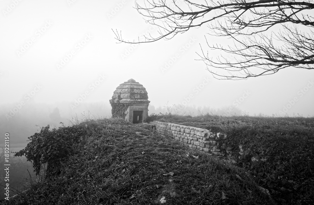 misty black and white landscape of Brouage fortified village 