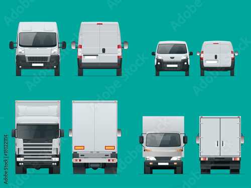 Set of cargo trucks front and rear view. Delivery Vehicles isolated. Cargo Truck and Van. Vector illustration.