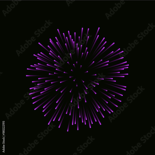 Beautiful pink firework. Bright firework isolated on black background. Light purple decoration firework for Christmas, New Year celebration, holiday, festival, birthday card Vector illustration