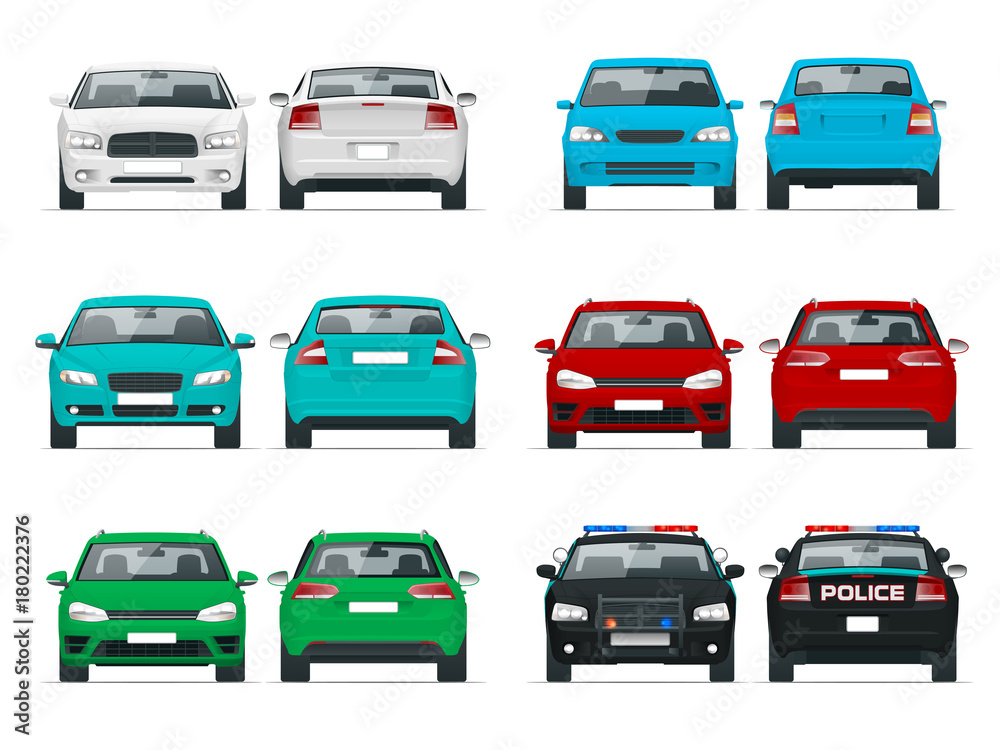 Naklejka premium Vector set cars front and rear view. Sedan Vehicle. Eco-friendly hi-tech auto. Template vector isolated on white View front and rear view.