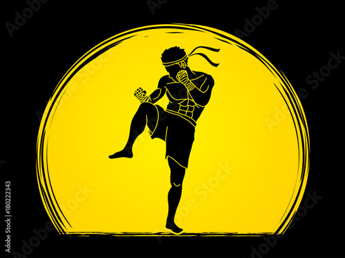 Muay Thai, Thai boxing standing ready to fight action designed on moonlight background graphic vector