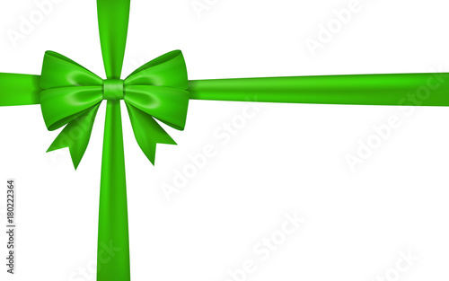 Gift bow ribbon silk. Green bow tie isolated white background. 3D gift bow tie for Christmas present, holiday decoration, birthday celebration. Decorative satin ribbon element Vector illustration