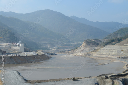 Construction Heavy Working Site Building Xayaburri Dam, Xayaburi, Laos	 photo