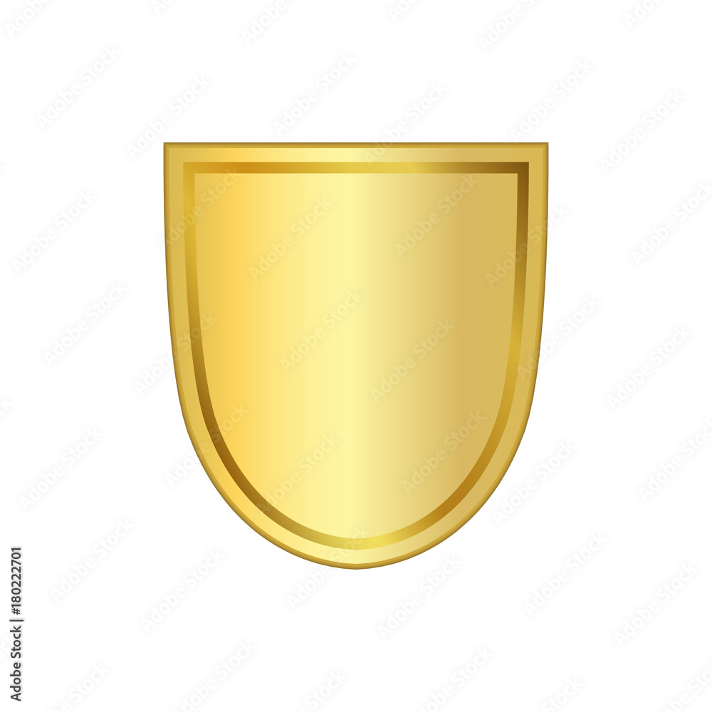 Gold shield shape icon. 3D golden emblem sign isolated on white background. Symbol of security, power, protection. Badge shape shield graphic design Vector illustration Gold shield shape icon. 3D golden emblem sign isolated on white background. Symbol of security, power, protection. Badge shape shield graphic design Vector illustration