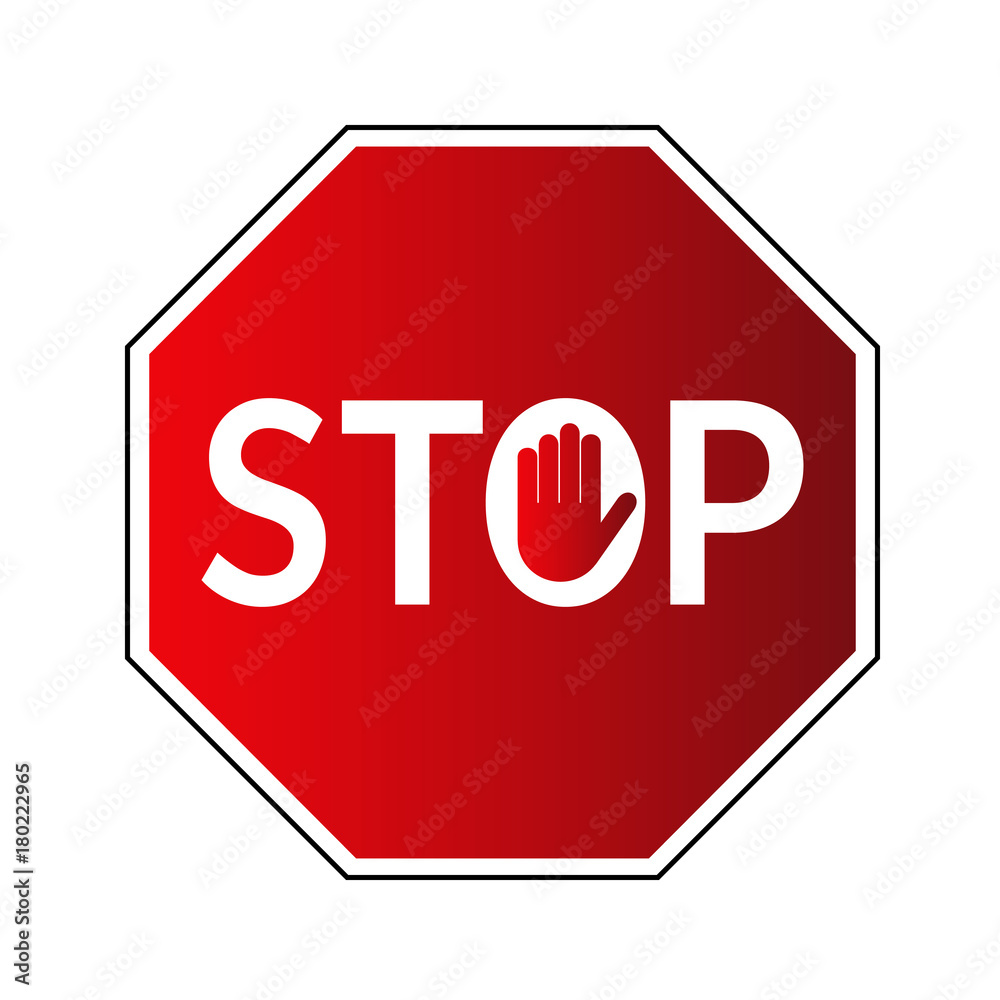 Stop road sign. Prohibited warning icon. Palm in red octagon. Road stop sign with hand isolated on white background. Glossy effect. Symbol of danger, attention, safety Vector illustration Stop road sign. Prohibited warning icon. Palm in red octagon. Road stop sign with hand isolated on white background. Glossy effect. Symbol of danger, attention, safety Vector illustration