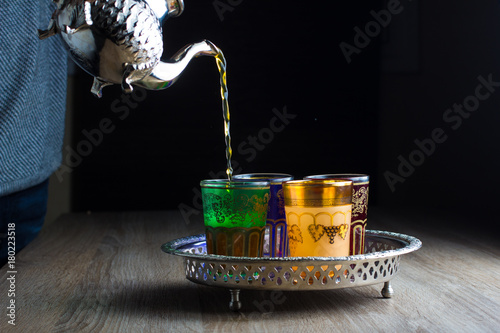 Close-up of traditional Moroccan Tea - moroccan Teapot and glasses