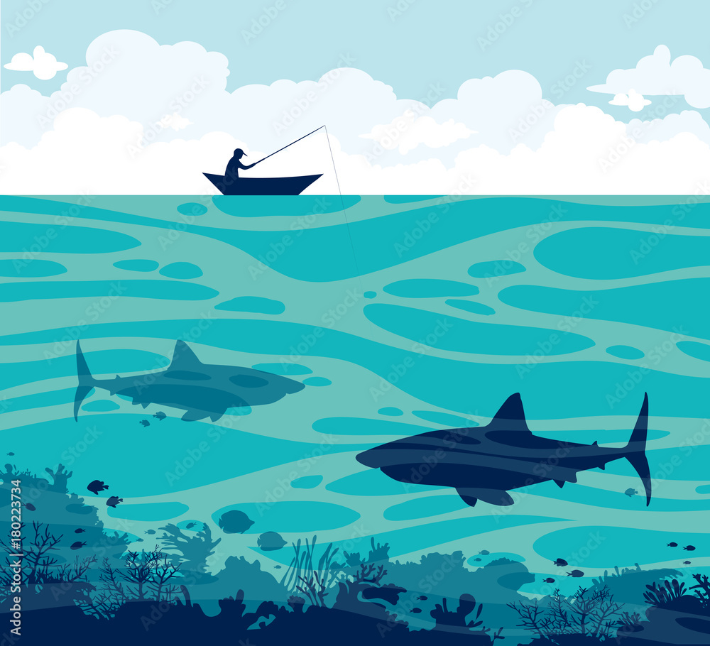 Naklejka premium Wędkarz i rekiny na morzu.