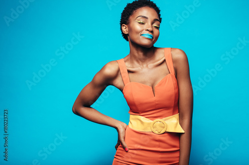 Beauty shot of woman with vibrant makeup photo