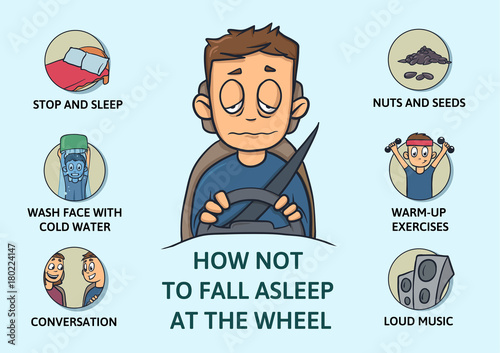 Set of tips to stay awake while driving. Sleep deprivation. How not to fall asleep at the wheel. Isolated vector illustration on blue background. Cartoon style. Infogrphics.