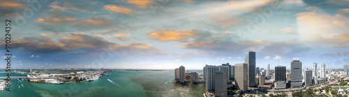 Miami Downtown and Brickell Key aerial view at sunset, Florida - USA