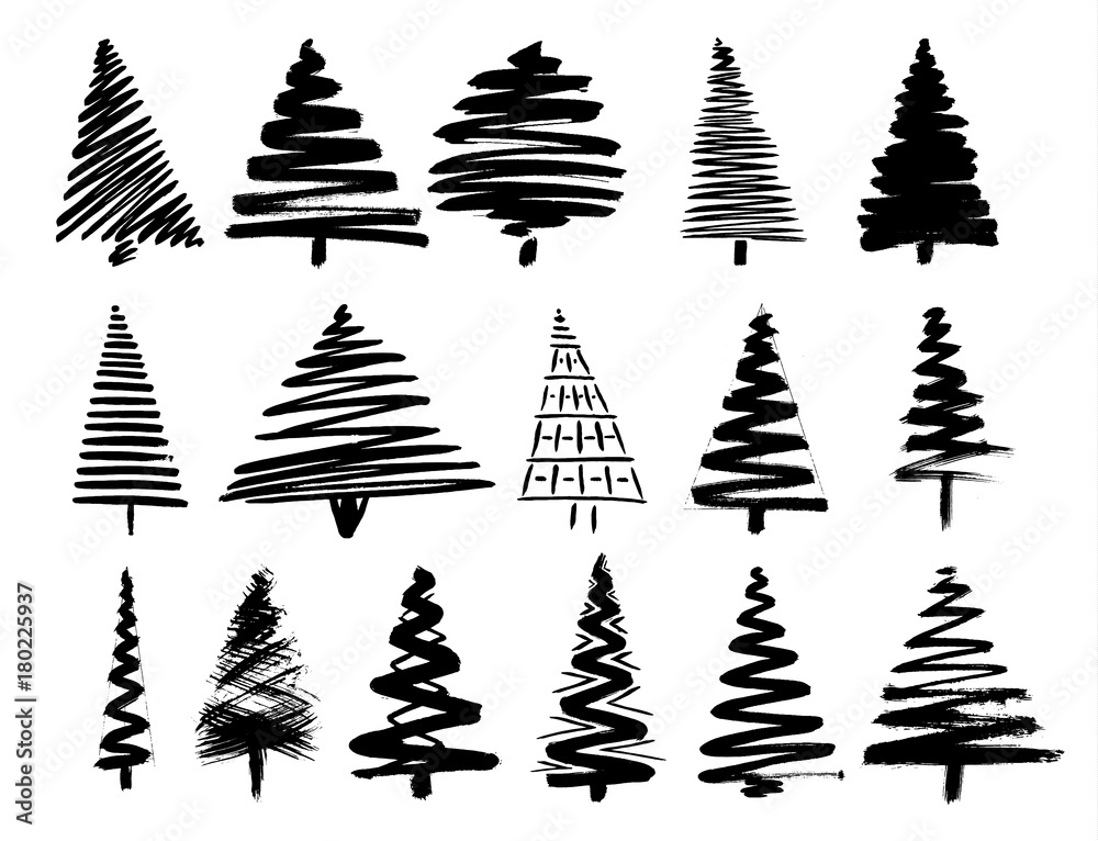 Obraz premium Christmas Tree Sketch Set Isolated on White Background.