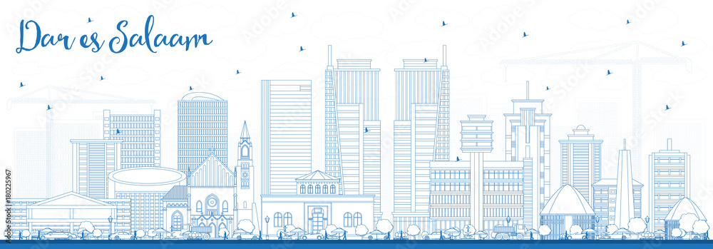 Outline Dar Es Salaam Tanzania Skyline with Blue Buildings.