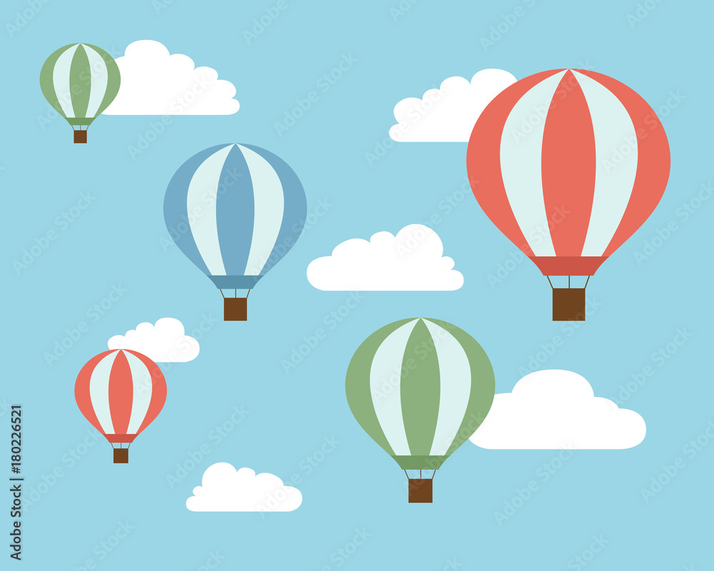 Flat design illustration of colorful flying hot air balloons on blue sky with white clouds