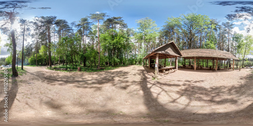 Full 360 equirectangular spherical panorama in guerrilla camp in Belarus as skybox background for VR content
