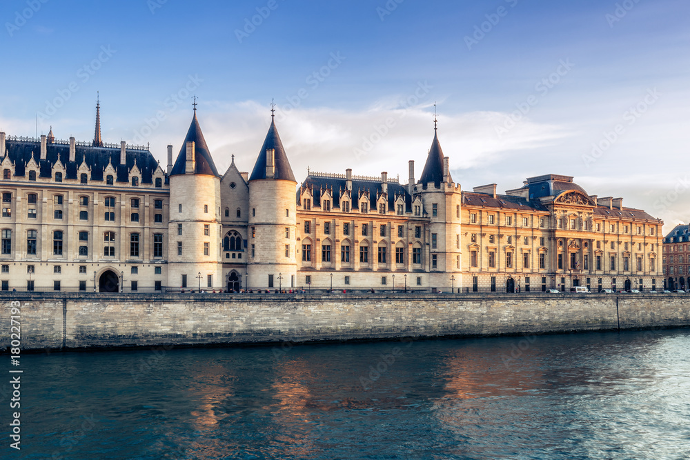 Beautiful skyline of Paris, France, with Conciergerie at daytime. Colourful travel background. Romantic cityscape.